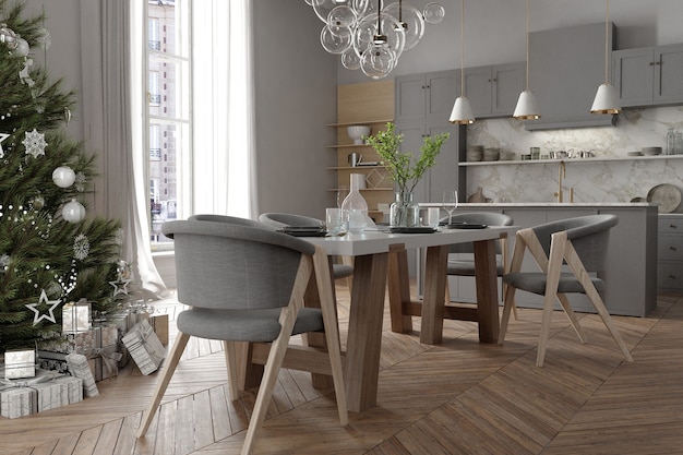 Interior de la casa moderna con decoración navideña y árbol de año nuevo