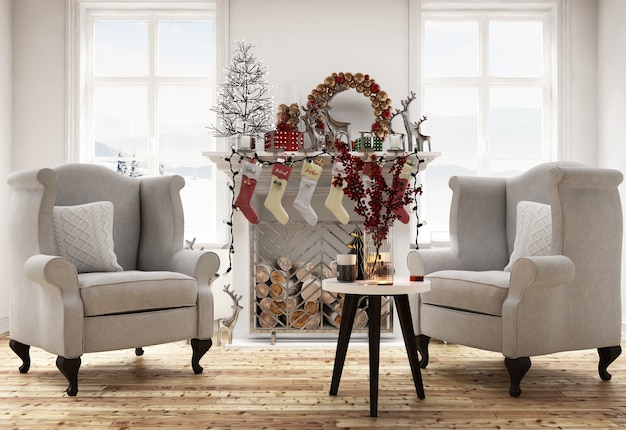 Interior de la casa moderna con decoración navideña y árbol de año nuevo