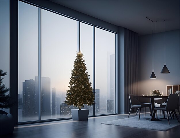 El interior de una casa moderna decorada para Navidad con un hermoso árbol de Navidad