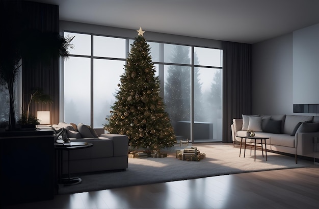 El interior de una casa moderna decorada para Navidad con un hermoso árbol de Navidad