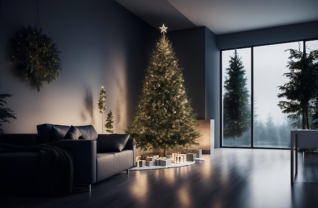 Foto el interior de una casa moderna decorada para navidad con un hermoso árbol de navidad