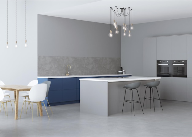 Interior de la casa moderna. Interior gris con cocina azul. Representación 3D.