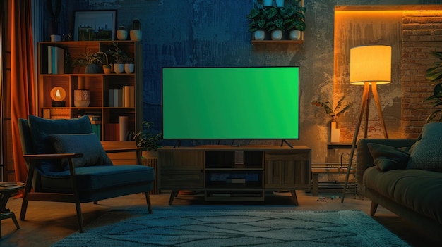 Interior de casa moderna con pantalla verde en blanco led TV maqueta de plantilla material de fondo papel tapiz imagen generada por IA