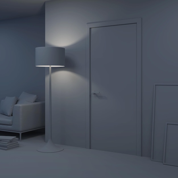 Interior de la casa moderna. Puerta en el interior. Noche. Iluminación nocturna. Representación 3D.