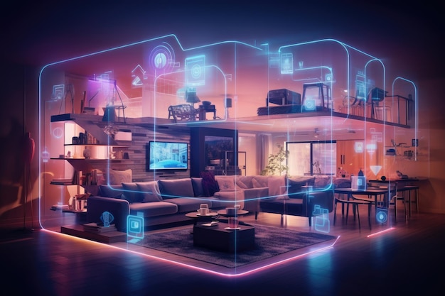 Interior de una casa moderna con tecnología e interfaz digital. Representación 3D. Muestre el potencial del Internet de las cosas con una imagen visualmente impactante de una casa inteligente llena de IA generada.
