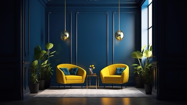 Interior de casa moderno azul oscuro con sillones amarillos 3d render Generative Ai