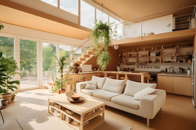 el interior de una casa privada moderna y ecológica Una lujosa sala de estar en un proyecto de espacio abierto de estilo minimalista