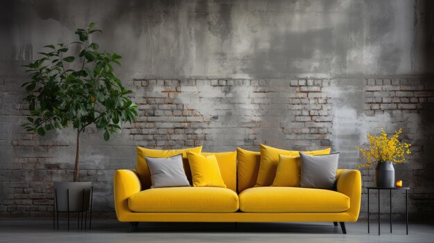 Interior de la casa en sofá amarillo Mockups Design 3D Mockups de alta calidad Generative Ai
