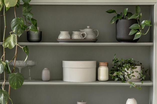 Interior de la casa con utensilios de cocina con paredes verdes flores caseras en el interior