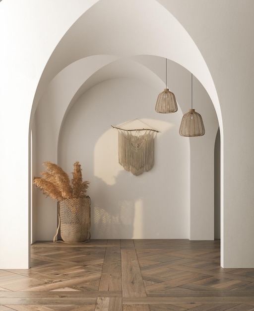 Interior de casa vacío contemporáneo, suelo de parquet, estilo Scandi-Boho. representación 3d