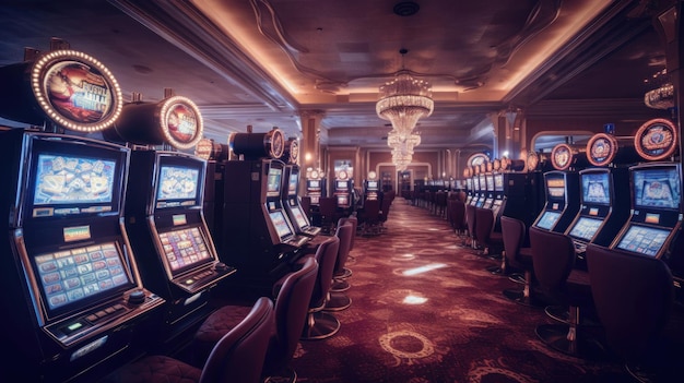 Interior de casino de estilo retro con máquinas tragamonedas de casino adornadas con fascinantes luces de neón generadas por Ai