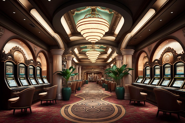 Interior de casino de lujo con muchas máquinas tragamonedas IA generativa
