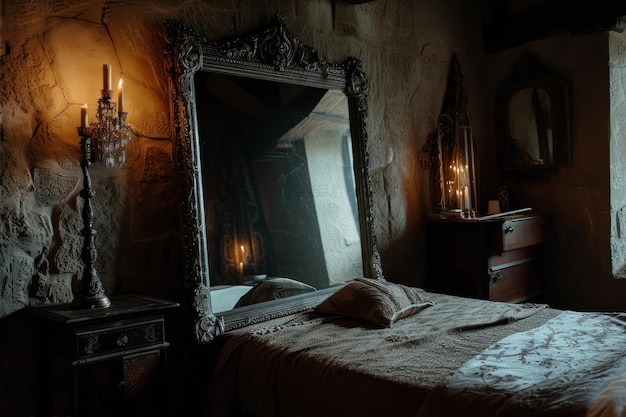 Foto interior de un castillo medieval dormitorio con un espejo