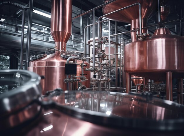 Interior de cervecería con tanques y barriles de acero inoxidable.