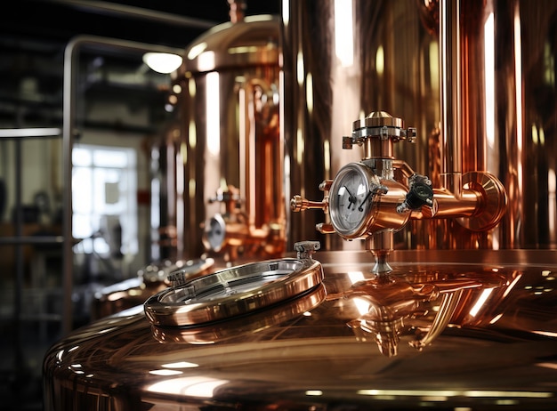 Interior de cervecería con tanques y barriles de acero inoxidable.