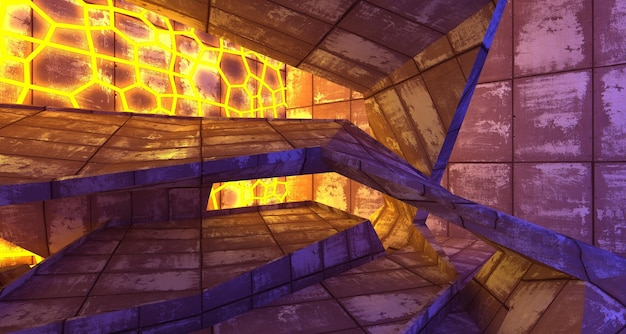 Interior de ciencia ficción futurista de hormigón abstracto con ilustración 3D de tubos de neón rosa y azul brillante