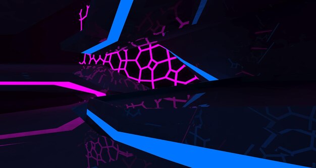 Interior de ciencia ficción futurista de hormigón abstracto con tubos de neón brillantes de color rosa y azul 3D