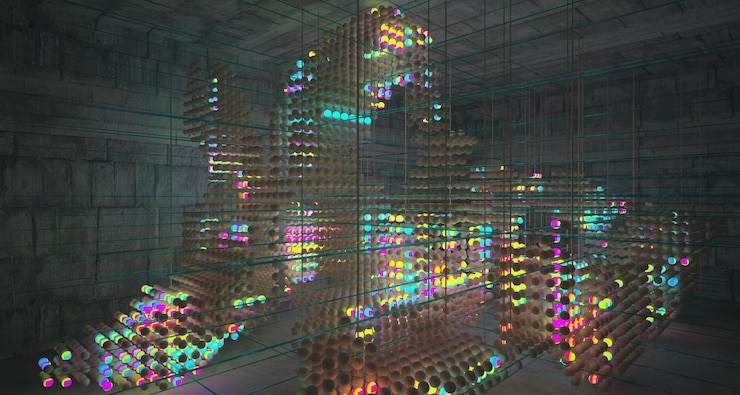 Foto interior de ciencia ficción futurista de hormigón y metal oxidado liso abstracto de una variedad de esferas