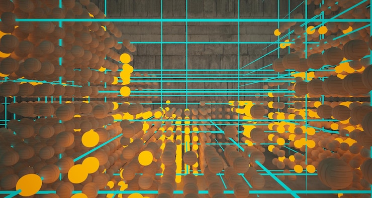 Foto interior de ciencia ficción futurista de hormigón y metal oxidado liso abstracto de una variedad de esferas