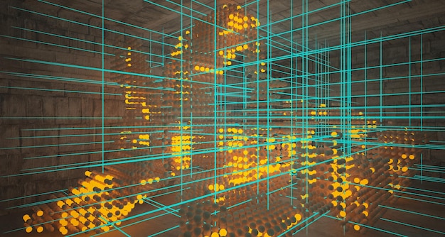 Interior de ciencia ficción futurista de hormigón y metal oxidado liso abstracto de una variedad de esferas