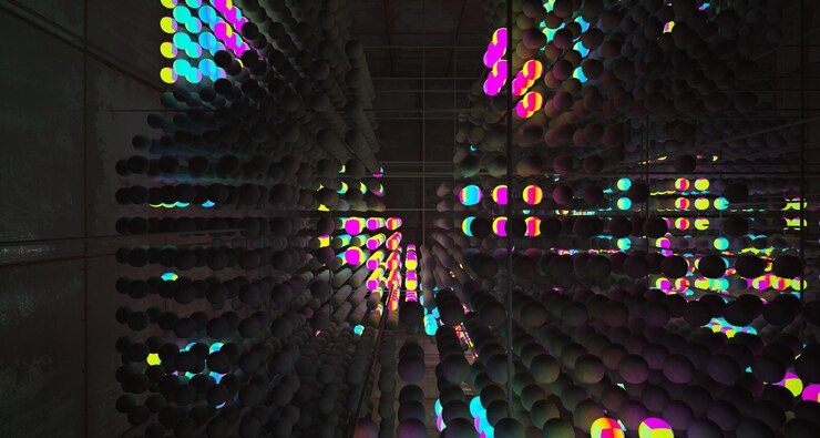 Foto interior de ciencia ficción futurista de hormigón y metal oxidado liso abstracto de una variedad de esferas