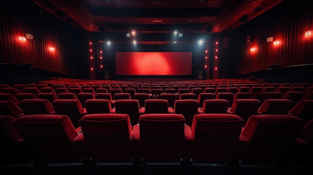 Interior del cine vacío con filas de asientos rojos.