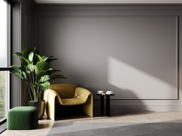 Interior cinza com pufe verde espreguiçadeira amarelo e um vaso com planta renderização em 3d