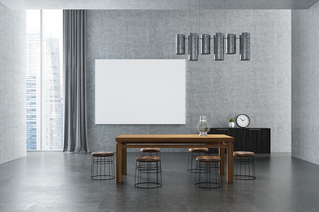 Interior cinza da sala de jantar com piso de concreto, janela estreita e mesa de madeira com cadeiras. Um poster. simulação de renderização 3D