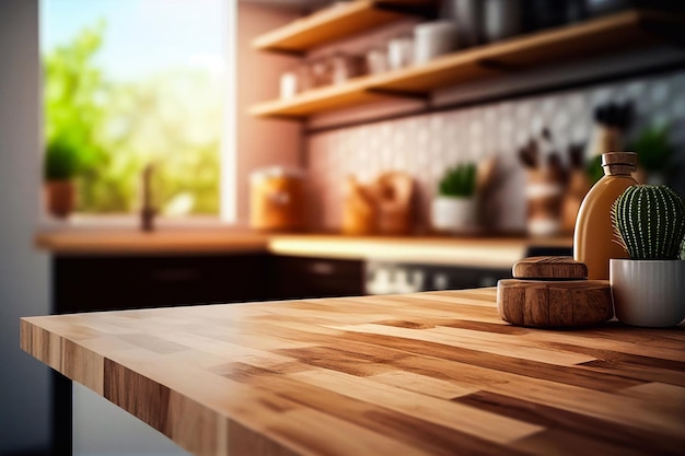 Foto interior claro vazio da cozinha retrô com mesa de madeira, móveis e eletrodomésticos. forno, exaustor frigorífico. sala de cozinha vintage no apartamento generative ai iluminada com luz solar, ilustração