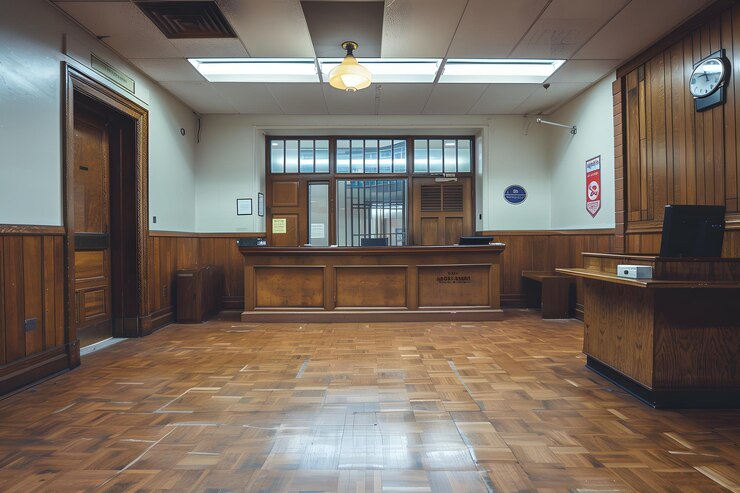 El interior clásico de un espacio de oficina vintage con acentos de madera