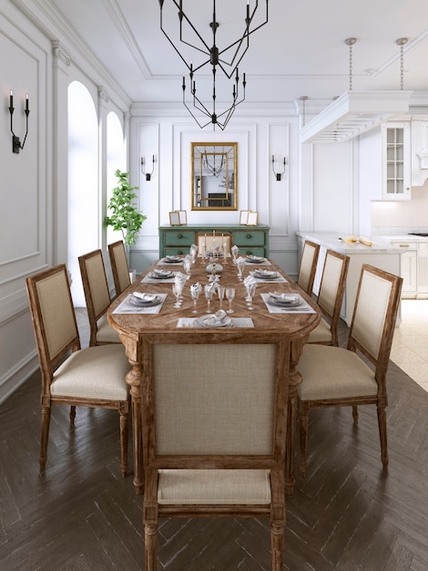 Interior clásico de lujo de comedor, cocina y sala de estar con muebles blancos y marrones y candelabros de metal. Representación 3d