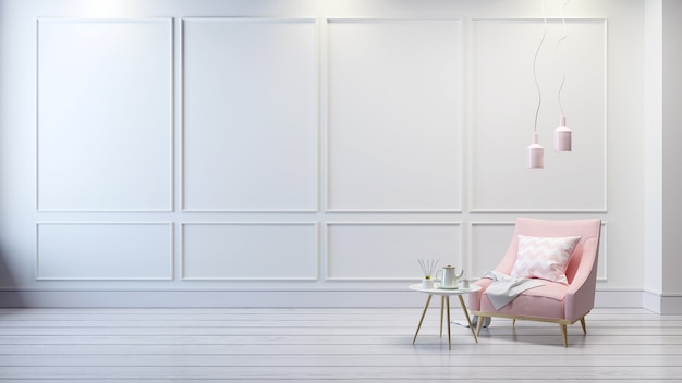 Interior clásico moderno de la sala de estar, sofá rosa claro en el sitio blanco, representación 3d