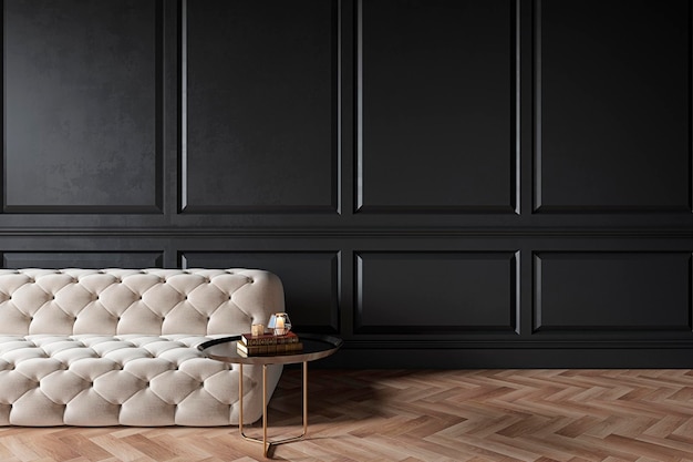 Interior clásico negro moderno con sofá chester capitone mesa de café molduras de suelo de madera
