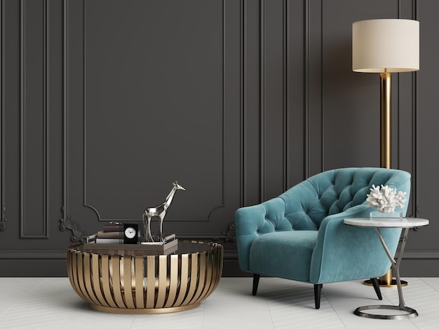 Interior clásico con sillones azules y lámpara de piso