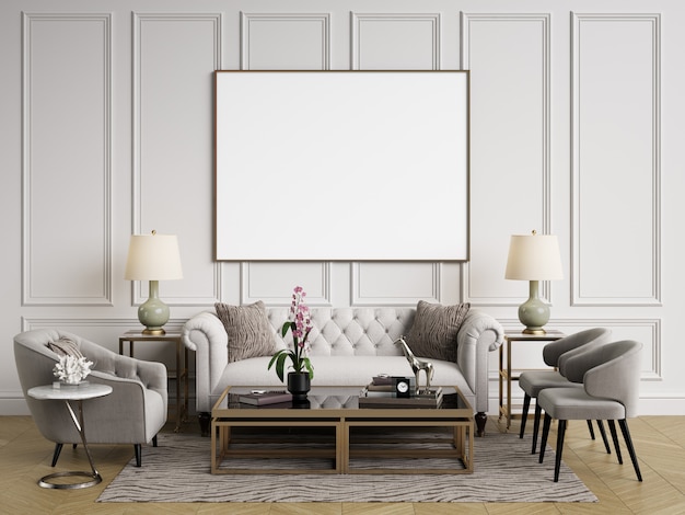 Interior clásico sofá, sillas, mesillas con lámparas, mesa con decoración. paredes blancas con molduras. suelo de parquet en espiga. representación 3d