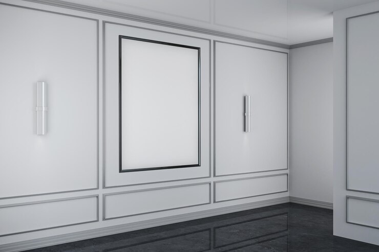 Foto interior clássico branco vazio com banner vazio na parede mock up renderização 3d
