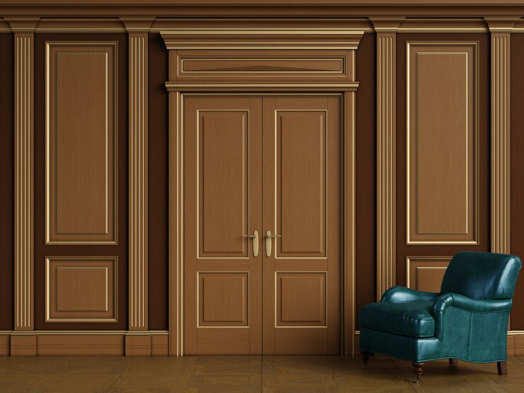 Interior clássico com boiserie de madeira com espaço de cópia