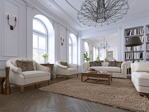 Interior clássico. Sofá, cadeiras, mesinhas laterais com candeeiros, mesa com decoração. Paredes brancas com molduras. Pavimento em parquet em espinha, tapete com estampado. Renderização 3d