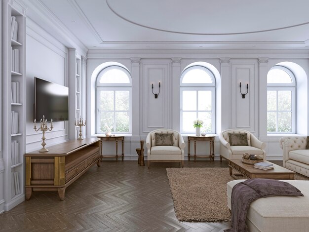 Interior clássico. Sofá, cadeiras, mesinhas laterais com candeeiros, mesa com decoração. Paredes brancas com molduras. Pavimento em parquet em espinha, tapete com estampado. Renderização 3d