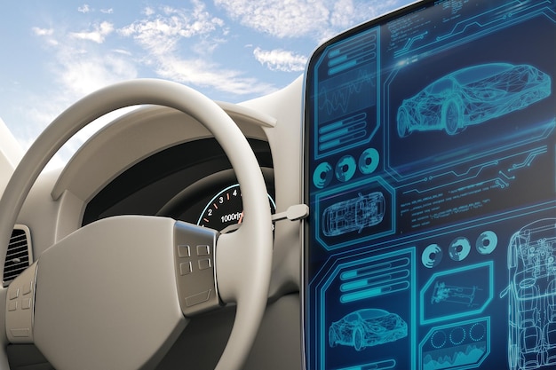 Interior de coche blanco moderno con pantalla futurista y cielo con vistas de nubes Concepto de transporte y vehículo Representación 3D