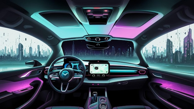 El interior del coche futurista en un mundo futuro