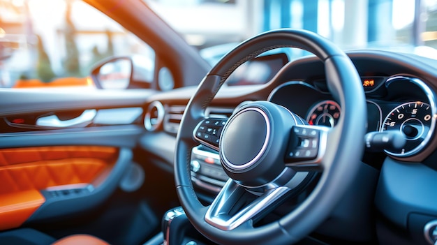 El interior de un coche de lujo con un enfoque en el volante El volante está hecho de cuero y tiene un inserto de grano de madera