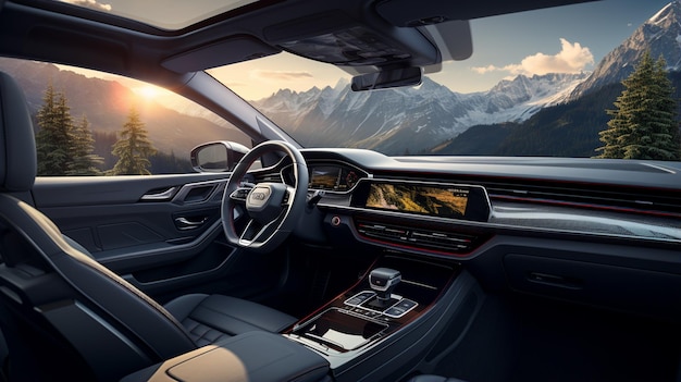 Interior de un coche moderno con vistas a la montaña.