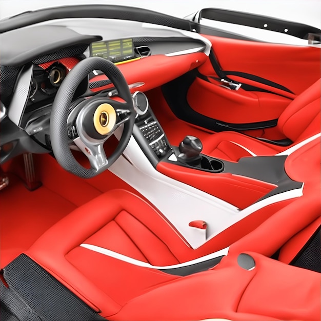 El interior del coche rojo agudo de Ferrari