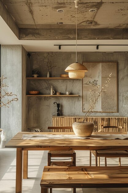 Un interior de cocina acogedor con mesa de madera