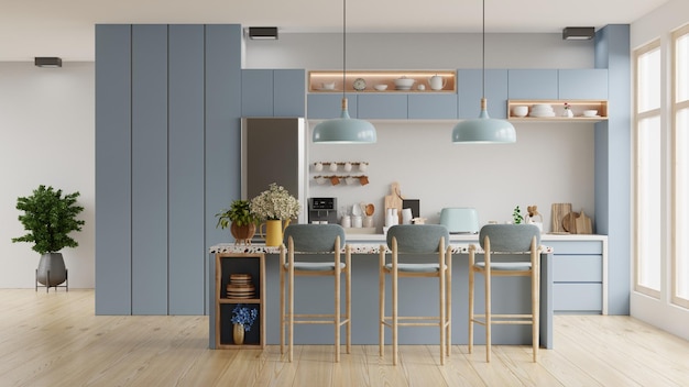 Interior de cocina azul moderno con mueblesinterior de cocina con pared blanca