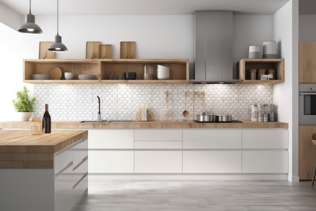 Interior de cocina blanca con pared de azulejos de quemador incorporado y mostradores blancos una maqueta