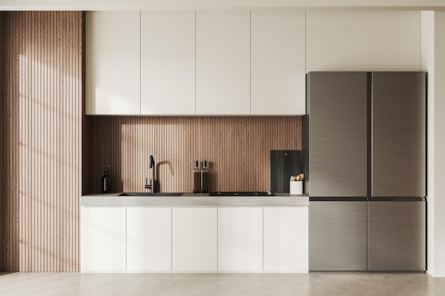 Interior de cocina blanco y madera.