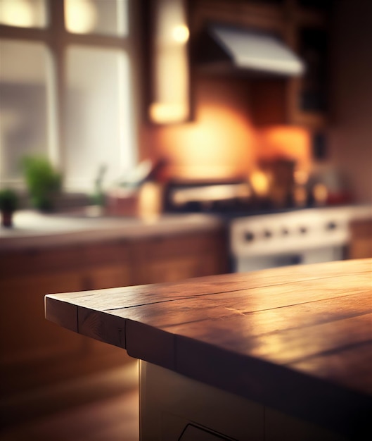 Interior de cocina borrosa. Fondo de mesa de madera de espacio libre para su decoración. Generar por IA