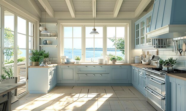 Un interior de cocina brillante con estanterías de madera, plantas y azulejos blancos Genera IA